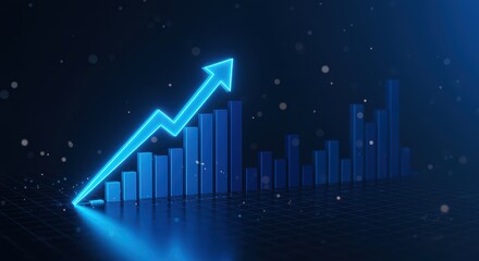 Abstract glowing blue arrow ascends above 3D bar graph; futuristic financial growth concept; technology, success, and progress.