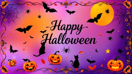Happy halloween background, black cats, pumpkins, bats