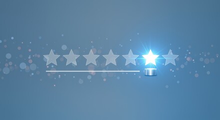 Five-Star Rating: Glowing Star on Pedestal, Abstract Blue Background, Success Concept, Business Excellence, Customer Satisfaction, Top-Rated Service, Premium Quality.