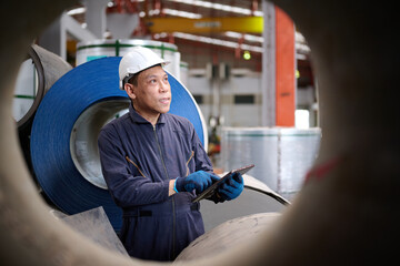Technician or worker working on tablet and checking Sheet metal products in the factory
