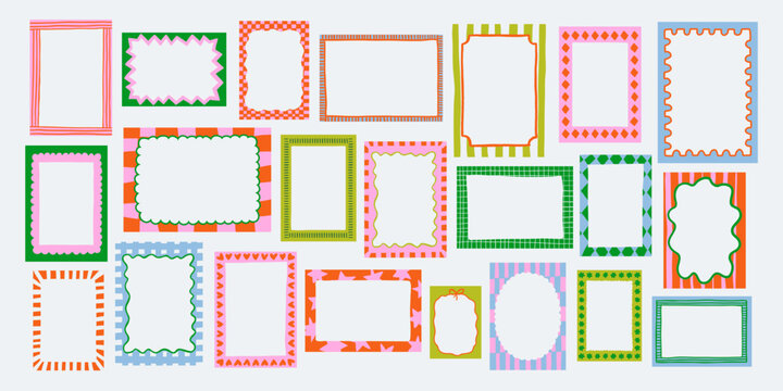 Set of whimsical hand-drawn frames with wavy squiggle curly ribbons in trendy, vintage styles. Vector playful border frames for trendy invitations, cards