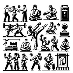 Naklejka premium Collection of martial arts stances and training equipment in black and white vector illustration