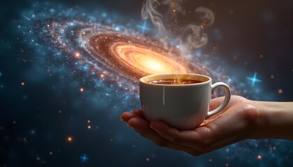 Kaffeetasse mit Galaxie im Hintergrund 