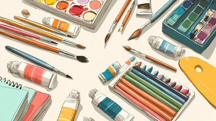 Bright vector illustration of art class tools: paintbrushes, paint palette, watercolor tubes, crayons, sketchpad. On light background.