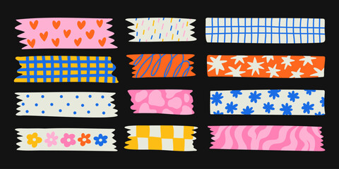 Set of colorful patterned washi tape stripes with cute pattern. Vector illustration of a cute decorative scotch tape. Colored decorative tape mini washi sticker decoration. 