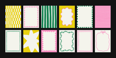 Set of hand-drawn frames with wavy squiggle curly ribbons and backgrounds with hand-drawn borders, abstract wavy lines retro-inspired patterns. For invitations, posters, social media templates
