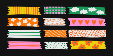 Set of colorful patterned washi tape stripes with cute pattern. Vector illustration of a cute decorative scotch tape. Colored decorative tape mini washi sticker decoration. 