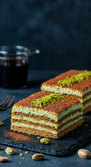 Pistachio Desserts on a Wooden Board with Nuts