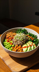 Healthy Bowl with Buckwheat, Spinach, and Chickpeas on Wooden Table