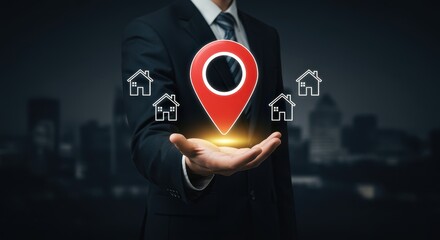 Businessman presenting glowing location pin with multiple house icons; real estate investment concept; dark background.