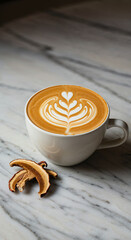 Cappuccino with Latte Art in White Cup on Ceramic Saucer