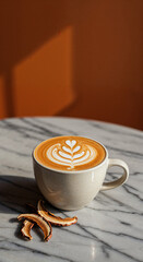 Cappuccino with Heart Latte Art on Marble Tabletop
