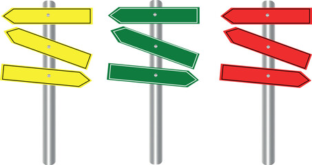 Colorful direction signs pointing different ways for decision making and business strategy concepts