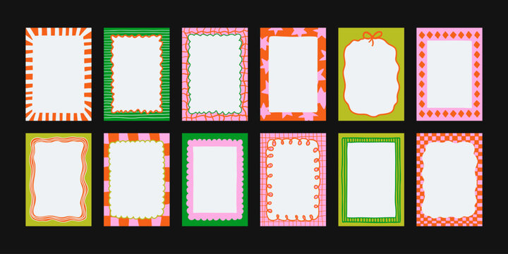 Set of hand-drawn frames with wavy squiggle curly ribbons and backgrounds with hand-drawn borders, abstract wavy lines retro-inspired patterns. For invitations, posters, social media templates
