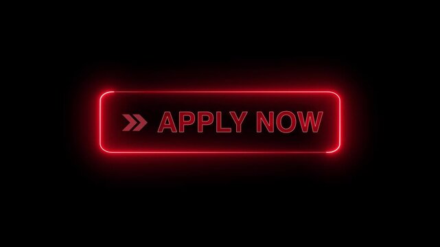 Neon glowing apply now button animation on transparent background. apply now button click  animation. button with icon animation concept. apply now Glowing neon text animation
