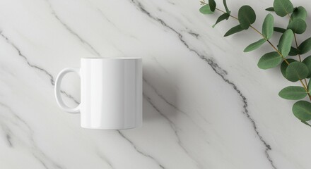 White Coffee Mug Mockup: Minimalist Design on Marble Background with Eucalyptus Branch
