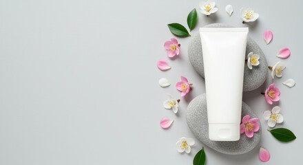 Serene Spa Product Mockup: White Tube, Grey Stones, Pink and White Blossoms