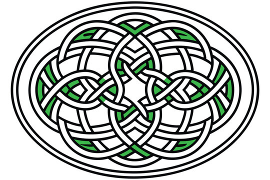 Intricate celtic knot design with green and white intertwined patterns