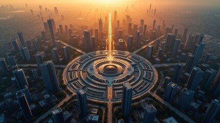Sunrise Cityscape: A breathtaking aerial view of a futuristic circular city seen from above at golden hour intricate radial, 3d render