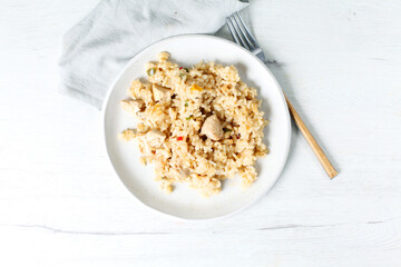 Chicken and rice dish seen from above