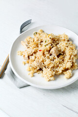 Chicken and rice dish seen from above