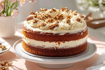 Homemade carrot cake with cream cheese frosting and walnut topping on a white cake stand in natural daylight.