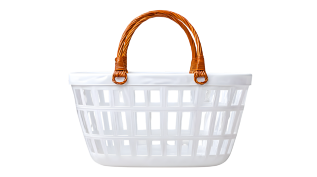 Clean Cutout White Plastic Laundry Basket with Rattan Handle on transparent background. Ai Generated Images