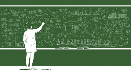 Silhouette of teacher writing on chalkboard in classroom. Green board with white chalk drawings. Vector flat design.