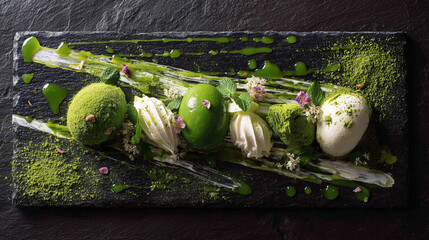 Elegant Matcha Dessert Art with Whipped Cream and Flowers on Slate Plate