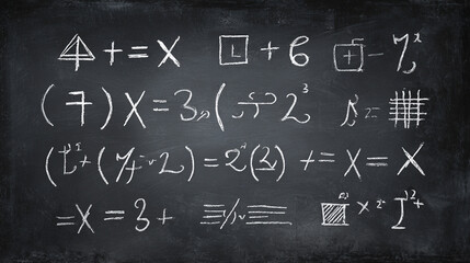 Simple hand-drawn style math symbols and formulas: addition, subtraction, multiplication, division, square root, pi, equals. Chalkboard texture background.