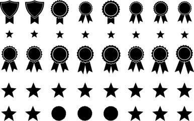 Award Badge and Star Icons Set - Black Silhouette Collection vector bundle