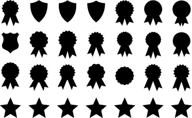 Award Badge and Star Icons Set - Black Silhouette Collection vector bundle
