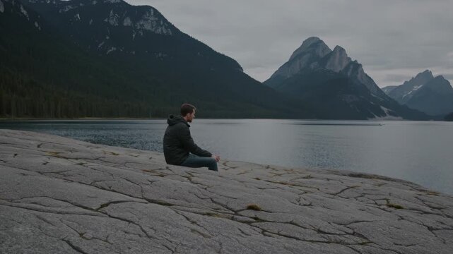Man sitting on rock watches mountain lake surrounded by forest. Nature landscape with clouds and mountain reflection. Meditation moment alone in wild. Man in nature among rock and lake reflection