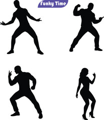 Funky Dance Party Silhouettes: Energetic Male and Female Dancers in Dynamic Poses Capturing the Groove and Spirit of Music and Nightlife Events.
