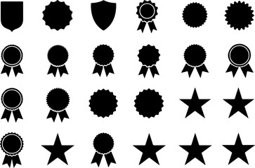 Award Badge and Star Icons Set - Black Silhouette Collection vector bundle