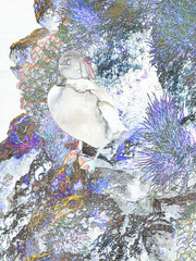 Sketch of Atlantic Puffin on cliffside burrow