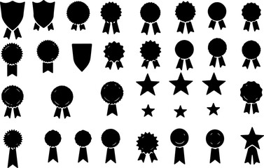 Award Badge and Star Icons Set - Black Silhouette Collection vector bundle