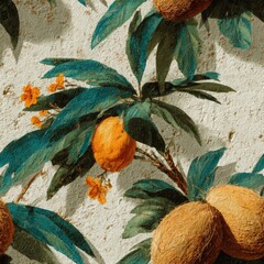Seamless pattern featuring vibrant tropical leaves, bright orange fruits, and delicate flowers on a textured background, creating a lively and fresh botanical design