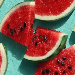 Vibrant seamless pattern featuring fresh watermelon slices arranged on a turquoise background, showcasing juicy red flesh and contrasting green rind, perfect for summer-themed designs