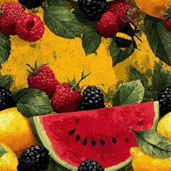 Vibrant seamless pattern featuring assorted fruits including watermelon, raspberries, blackberries, lemons, and lush green leaves, creating a lively and colorful design for various applications