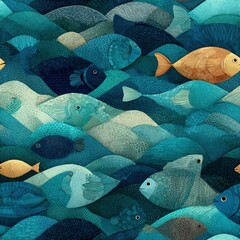 Colorful seamless pattern featuring various fish swimming in waves of blue and turquoise, showcasing intricate textures and designs for vibrant aquatic themes