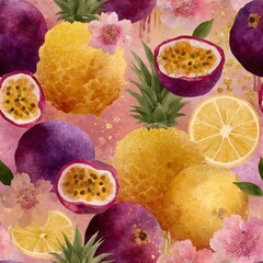 Vibrant seamless pattern featuring tropical fruits like pineapples, passion fruits, and lemons, adorned with delicate flowers and rich textures for a lively design concept