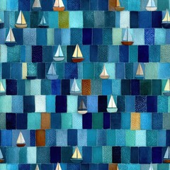 Seamless pattern featuring small sailboats on a vibrant blue textured background, showcasing various shades of blue and green, creating a nautical and artistic design concept