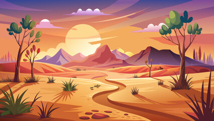 In the serene desert landscape with footprints at sunset, gentle wind shapes the dunes. A semi-realistic vector scene captures the quiet magic of this moment, where each step echoes timeless solitude.