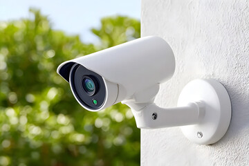 Modern White Surveillance Camera Security System Against Blurred Outdoor Background. Ai Generated Images