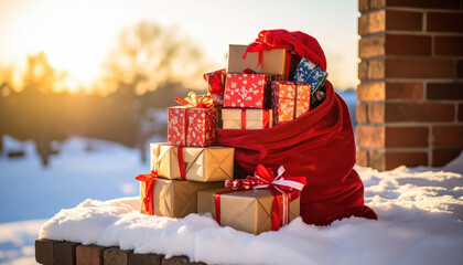 Beautifully wrapped Christmas present and red Santa sack rest snowy porch, bathed warm golden light. Festive winter scene evokes feelings of hope, joy, and generous spirit of holiday giving