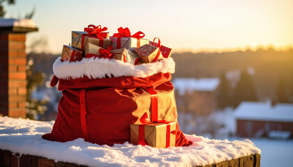 Red Santa sack overflows with beautifully wrapped gifts snowy rooftop, illuminated by warm glow of setting sun. This festive scene evokes feelings of joy, excitement, and spirit of giving during