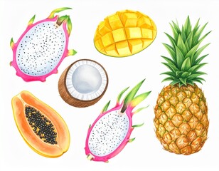A vibrant watercolor-style illustration of mixed tropical fruits, including mango, dragon fruit, and papaya, isolated on a white background.

