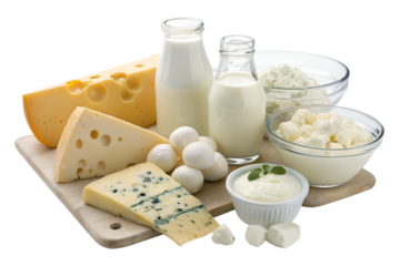 A healthy assortment of fresh dairy products like milk, various cheeses, and creamy yogurt is presented on a wooden board, transparent png isolated.