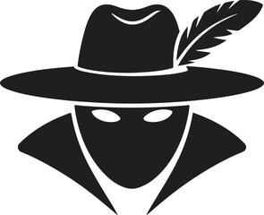 Silhouette spy mask with hat icon. Secret agent, disguise, detective vector illustration